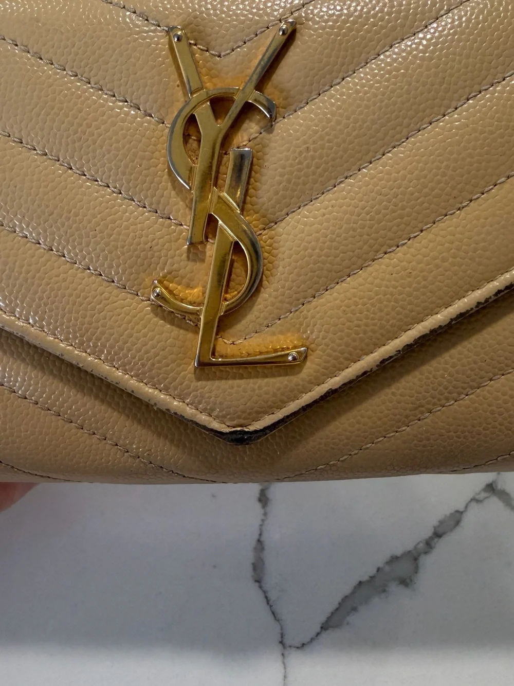 Authentic Saint Laurent YSL WOC wallet on chain Bag Cream and Gold